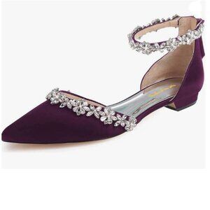 XYD Eggplant Pointed Toe D'Orsay Sparkly Rhinestones Ankle Strap Wedding Sandal